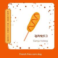 Traditional korean street food corn dog fried in bread crumbs with ketchup mustard poster. Korean gamja hotdog. Translation from korean french fries corn dog. Asian food snack. Vector illustration.