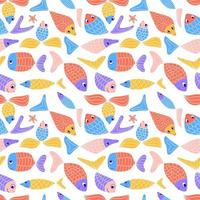 Cute colorful seamless pattern with cute doodle fish. Funny kids naive abstract aquarium background. Zentangle patterned sardines, herring, guppies, goldfish. Vector illustration.