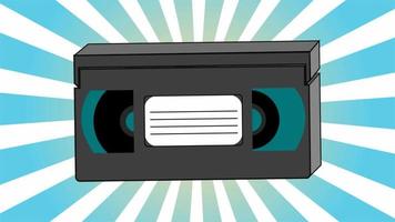 casete de video retro para ver películas en un reproductor de video antiguo hipster vintage para geeks de los años 70, 80, 90 con fondo de rayos azules. video en alta calidad 4k, diseño de movimiento