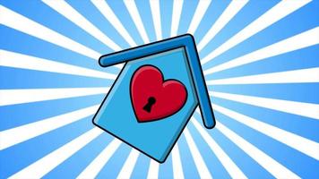 maison bleue festive avec un coeur rouge symbole de l'amour pour la saint valentin sur fond de rayons bleus. fond abstrait. vidéo en haute qualité 4k, motion design video