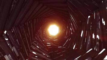 A rotating dark metal tunnel with walls of ribs and lines in the form of an octagon with reflections of luminous rays. Abstract background. Video in high quality 4k, motion design