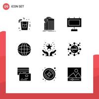 9 Thematic Vector Solid Glyphs and Editable Symbols of giving care advertisement world location Editable Vector Design Elements