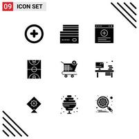 Editable Vector Line Pack of 9 Simple Solid Glyphs of ecommerce sports browser game basketball Editable Vector Design Elements