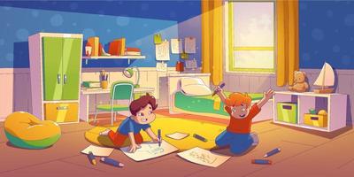 Brothers play in kid daycare room or home interior vector