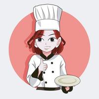 Portrait of young woman chef holding empty white plate vector illustration free download