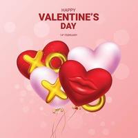 Valentines day background design with romantic decorative 3d objects and gold metal xoxo text vector