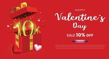 Valentines day sale 10 percent off promotion or shopping template with gift box and 3d number vector