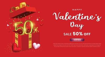 Valentines day sale 50 percent off promotion or shopping template with gift box and 3d number vector