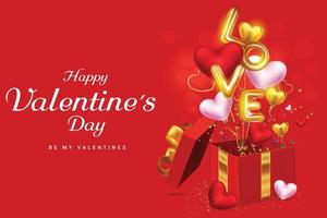 Happy valentines day background with gift box and love word text in 3d heart shape vector