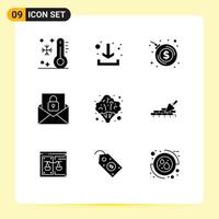 Set of 9 Modern UI Icons Symbols Signs for healthy broccoli bomb explosion lock email Editable Vector Design Elements