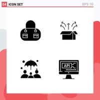 Mobile Interface Solid Glyph Set of 4 Pictograms of bag life insurance box product code Editable Vector Design Elements