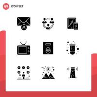 User Interface Pack of 9 Basic Solid Glyphs of watch television social phone mobile Editable Vector Design Elements