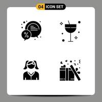 Modern Set of 4 Solid Glyphs Pictograph of bubble female percent cocktail woman Editable Vector Design Elements