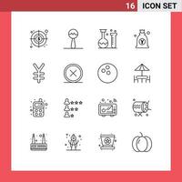 Editable Vector Line Pack of 16 Simple Outlines of finance bag lab money japan Editable Vector Design Elements