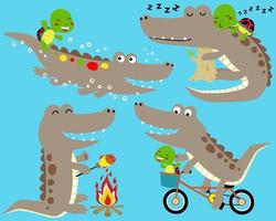 conjunto vectorial de dibujos animados de cocodrilos y tortugas en diferentes actividades vector