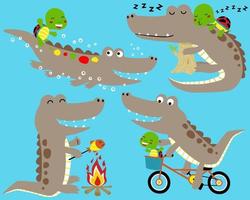 Vector set of crocodile and turtle cartoon in different activity