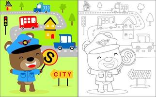 Vector illustration of coloring book with little bear in police costume on little town background