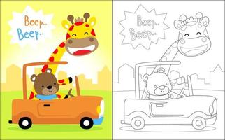 Vector illustration of coloring book with happy giraffe and bear on car