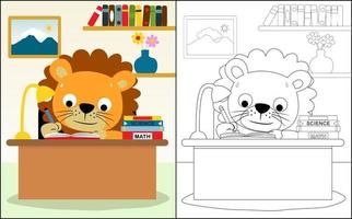 Coloring book or page with cute lion cartoon studying on table in classroom vector