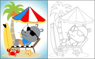 Coloring book or page, funny rhino cartoon lying on beach chairs, relaxing under coconut tree with crab and starfish vector