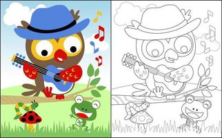 libro para colorear o página con caricatura de búho tocando la guitarra con oruga y rana en el bosque vector