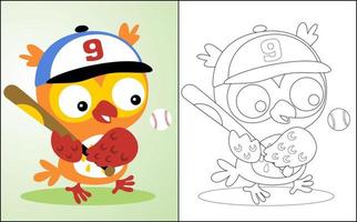 Coloring book or page with funny owl cartoon playing baseball vector