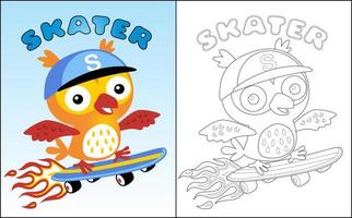Coloring book or page with owl cartoon playing skateboard vector