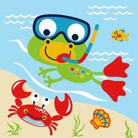 Vector cartoon of frog in diving goggles swimming with marine animals