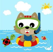 Vector cartoon of cat in diving goggles swimming with turtle and fish