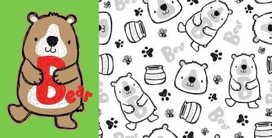 Seamless pattern vector with funny bear cartoon, honey jar, bees and animals trail