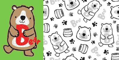 Seamless pattern vector with funny bear cartoon, honey jar, bees and animals trail