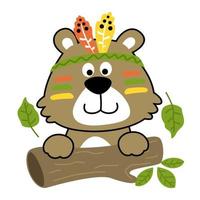Vector cartoon of funny bear with feather headdress in tree trunk