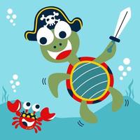 Funny turtle in pirate cap holding sword with crab undersea, vector cartoon illustration