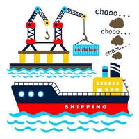 Cargo ship in a port, vector cartoon illustration