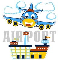 Funny airplane landing in airport, vector cartoon illustration