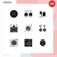 Pack of 9 Modern Solid Glyphs Signs and Symbols for Web Print Media such as springs relax chopper massage food Editable Vector Design Elements