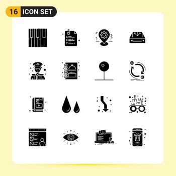 Editable Vector Line Pack of 16 Simple Solid Glyphs of container mail back to school inbox pin Editable Vector Design Elements