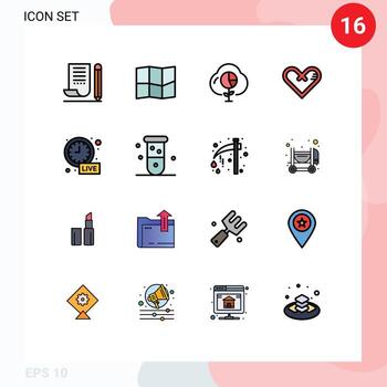 16 Thematic Vector Flat Color Filled Lines and Editable Symbols of alarm gift data like heart Editable Creative Vector Design Elements