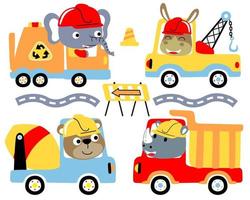 Set of trucks cartoon with funny animals driver vector
