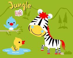 Nice zebra cartoon with little bird and duck in forest vector