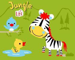 Nice zebra cartoon with little bird and duck in forest vector