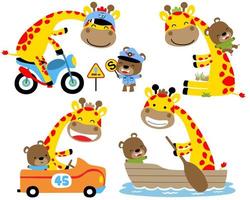 conjunto vectorial de dibujos animados de jirafas en diferentes actividades con osito vector