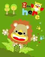 Lion cartoon with cute owl playing hide and seek in forest vector