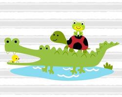 Funny crocodile cartoon with turtle, frog and little duck vector