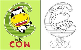 Vector illustration of coloring book with cow cartoon in C alphabet