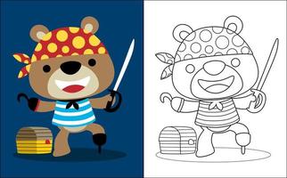 Vector illustration of coloring book with funny bear cartoon in pirate costume with treasure chest