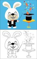 Vector illustration of coloring book with bunny cartoon in magician costume