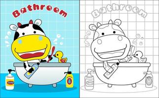 Vector illustration of coloring book with little cow cartoon in the bathroom