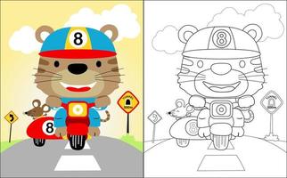 Vector illustration of coloring book with cat cartoon riding motorcycle