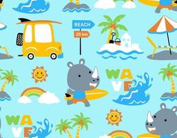 Seamless pattern vector of cute rhino surfing in the beach, summer beach vacation elements cartoon